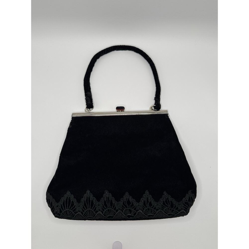 Vintage Jane Shilton Plane Jane Black Velvet Evening Bag Purse Kiss Lock Lace Tr